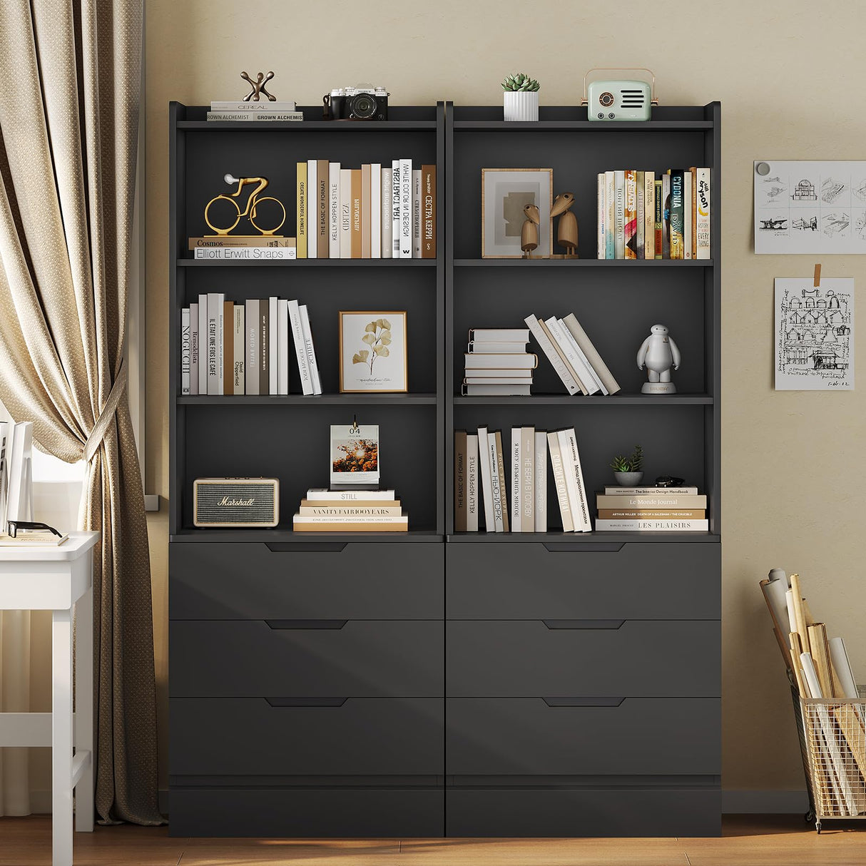 DICTAC Bookcase Set of 2 with 3 Drawers 73.23'' Bookshelf Storage Cabinets with Shelves and Drawers Kitchen Pantry with Microwave Stand,Storage Organizer for Living Room,Office,Study,Bathroom DICTAC