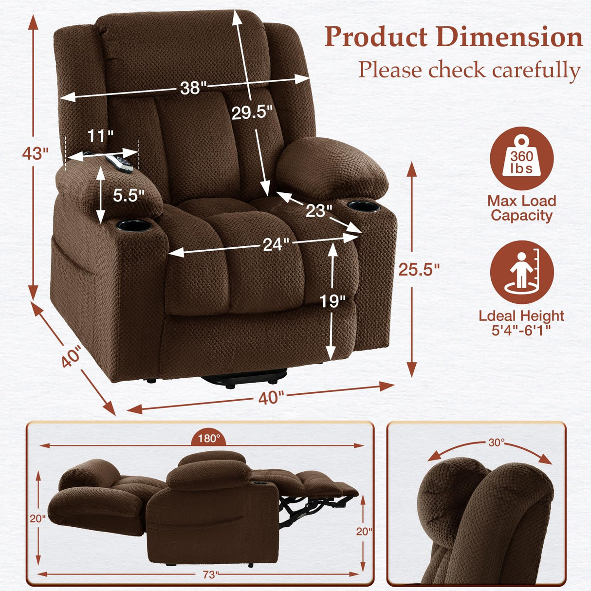 Neioml 3 Motor Large-Wide Lift Chair, Infinite Position, 180° Lay Flat, Power Lift Chairs Recliners for Elderly Big and Tall, Massage & Heat, Extended Footrest, Soft Plush Flannel (Brown) Neioml
