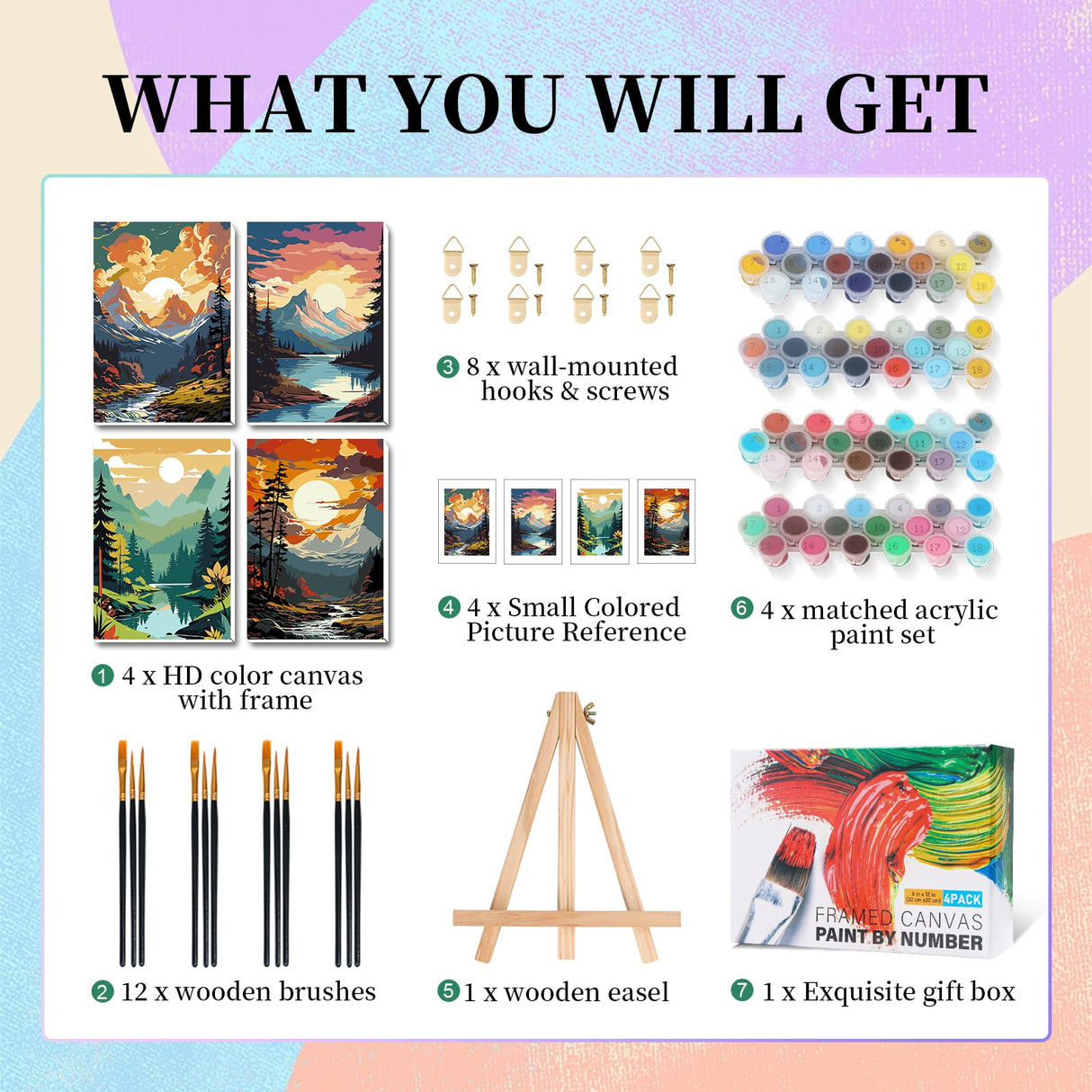 4 Pack Framed Paint by Numbers Kit for Adults with Wooden Easel, Landscape Sunset Paint by Numbers with Frame for Beginner, Mountains Lake Adult Paints by Number Kits on Canvas Framed 8 x 12 Inch Camocin