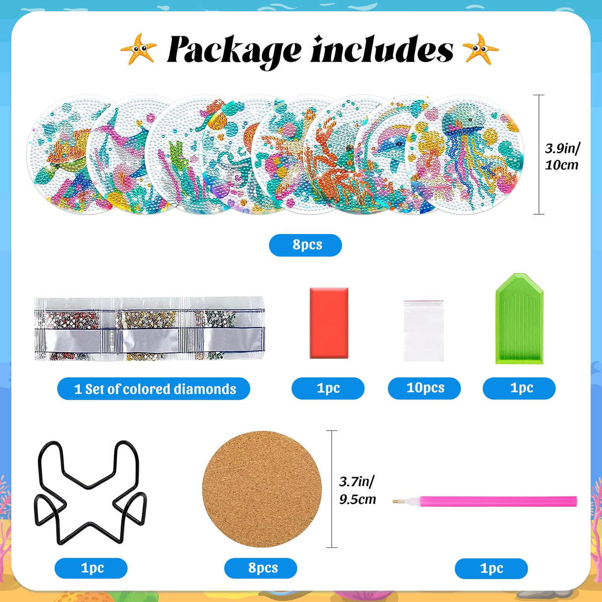 ZTOTZ 8pcs Ocean Series Diamond Art Coasters Kit, Sea Animals Diamond Painting Coasters with Cork Pad, DIY Coaster Gem Art Kits for Adults Craft for Gift Festival (Turtles, Octopuses,Dolphins) ZTOTZ