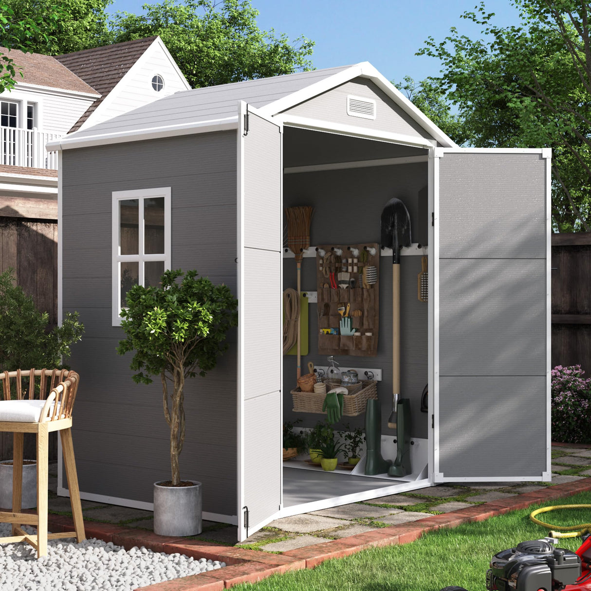 UDPATIO Outdoor Resin Storage Shed 6x4.5 FT, Plastic Garden Shed for Bike, Garbage Can, Tool, Outside Sheds with Lockable Door for Backyard, Patio, Lawn, Grey & White UDPATIO