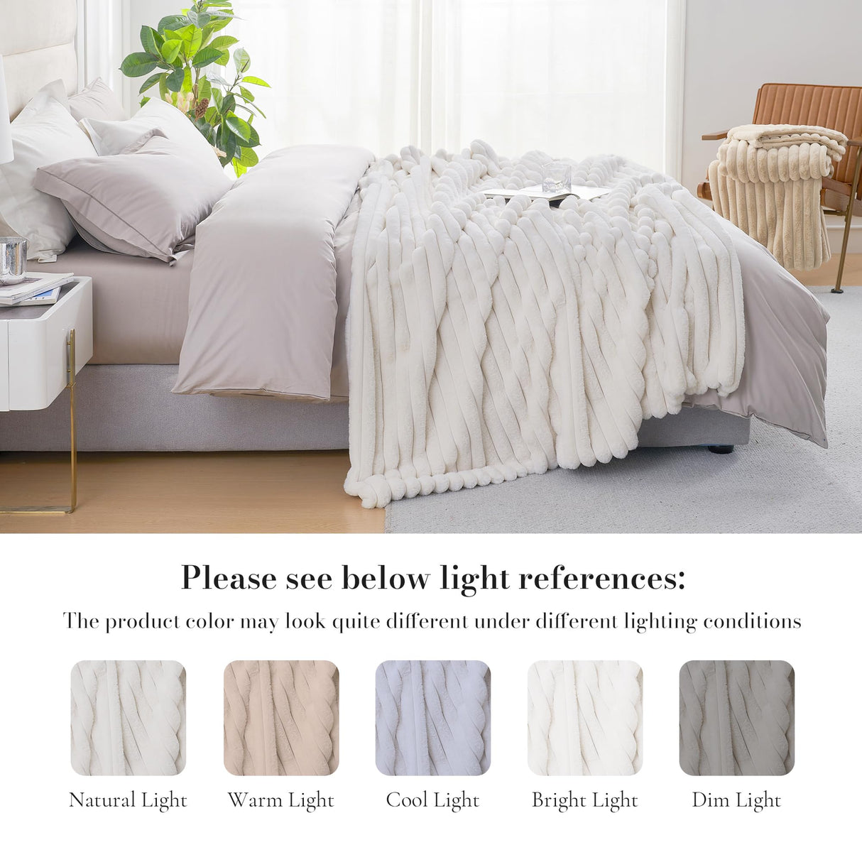 Amélie Home Faux Fur Throw Blanket for Couch, Cozy Fuzzy Fluffy Fur Luxurious Soft Striped Plush Gift Blankets for Family Sofa Chair Bedroom, 55"x70", Ivory Amélie Home