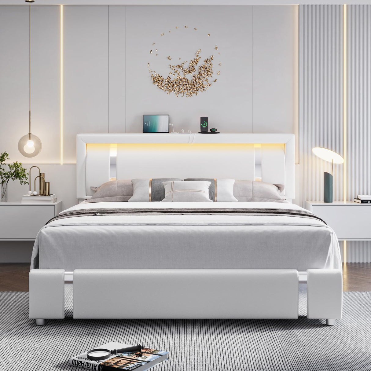 Keyluv Queen Bed Frame with RGB LED Lights Headboard & 2 Storage Drawers, Modern Upholstered Faux Leather Smart Platform Iron Metal Decor, USB USB-C Charging Ports, No Box Spring Needed, White Keyluv
