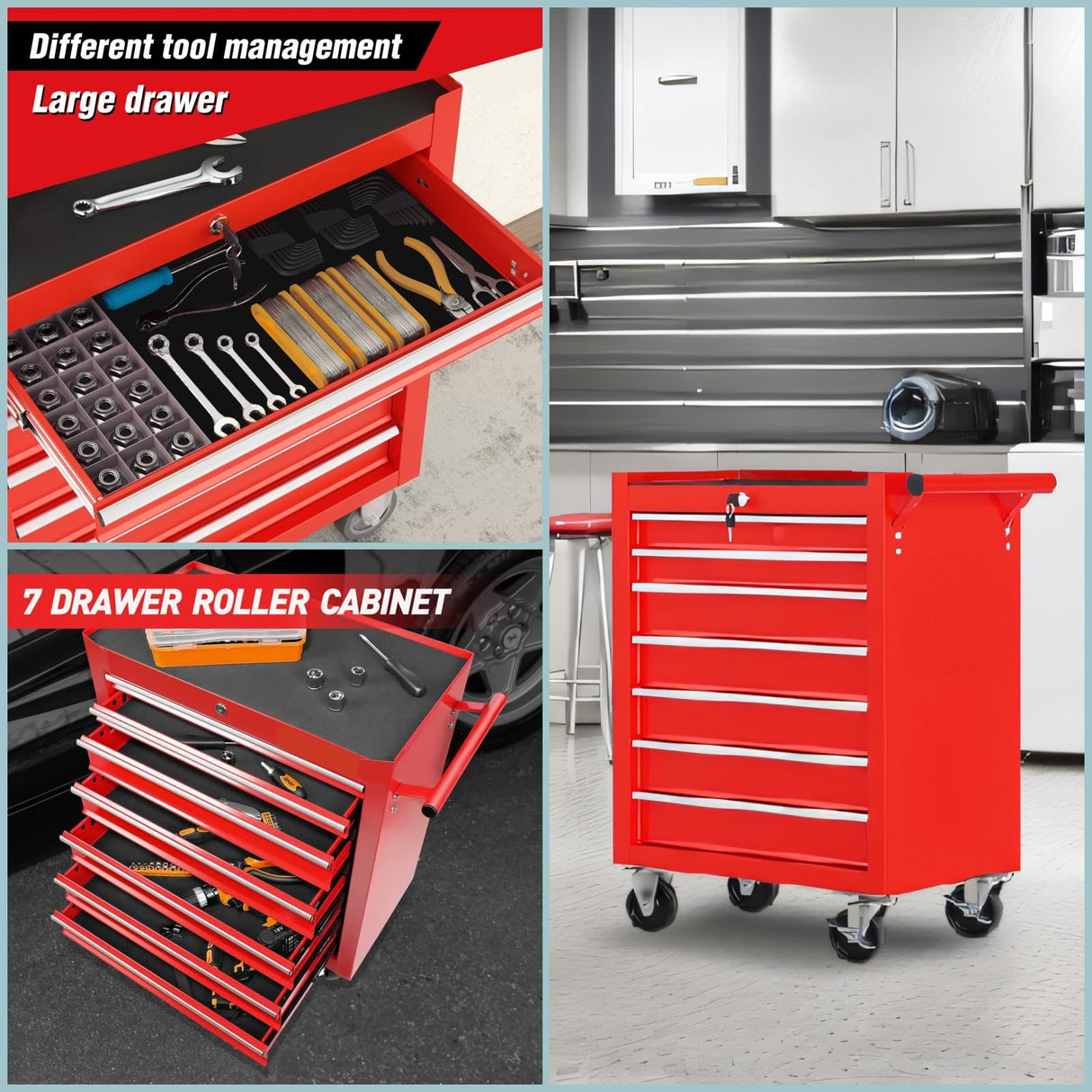 SEVOBAL Tool Chest, 7-Drawer Rolling Tool Storage Cabinet with Interlock Mechanism & Spacious Bottom Area, 31'' Metal Utility Cart with 4 360°Universal Wheels & Central Lock for Garage Work Shop, Red SEVOBAL