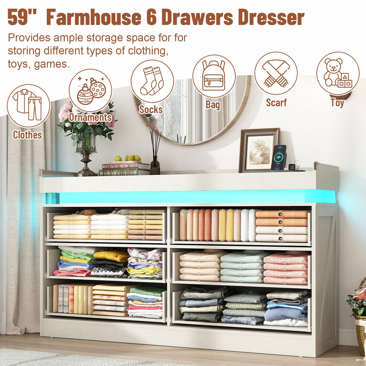 Hlivelood 59" Large Farmhouse 6 Drawers Dresser for Bedroom,Wide Wood Rustic 6 Chests of Drawers for Closet,with LED Light and Power Outlets,Tall Storage Dresser Organizer for Bedroom(White) Hlivelood