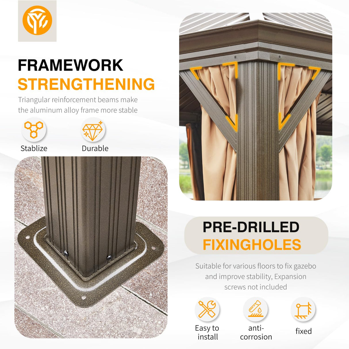 YOLENY 12'x24' Gazebo, Hardtop Gazebo with Galvanized Steel Double Roof, Pergolas Aluminum Frame, Netting and Curtains Included, Metal Outdoor Gazebos for Garden, Lawns YOLENY