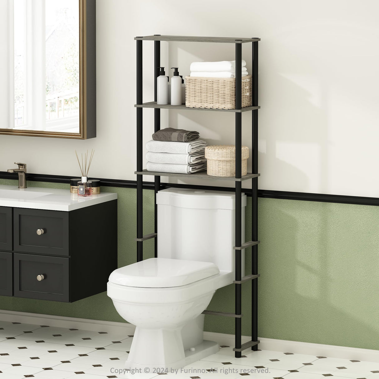 Furinno Turn-N-Tube Freestanding Over-The-Toilet Bathroom Shelves, Storage Rack with 3 Shelves, Grey Oak/Black Furinno