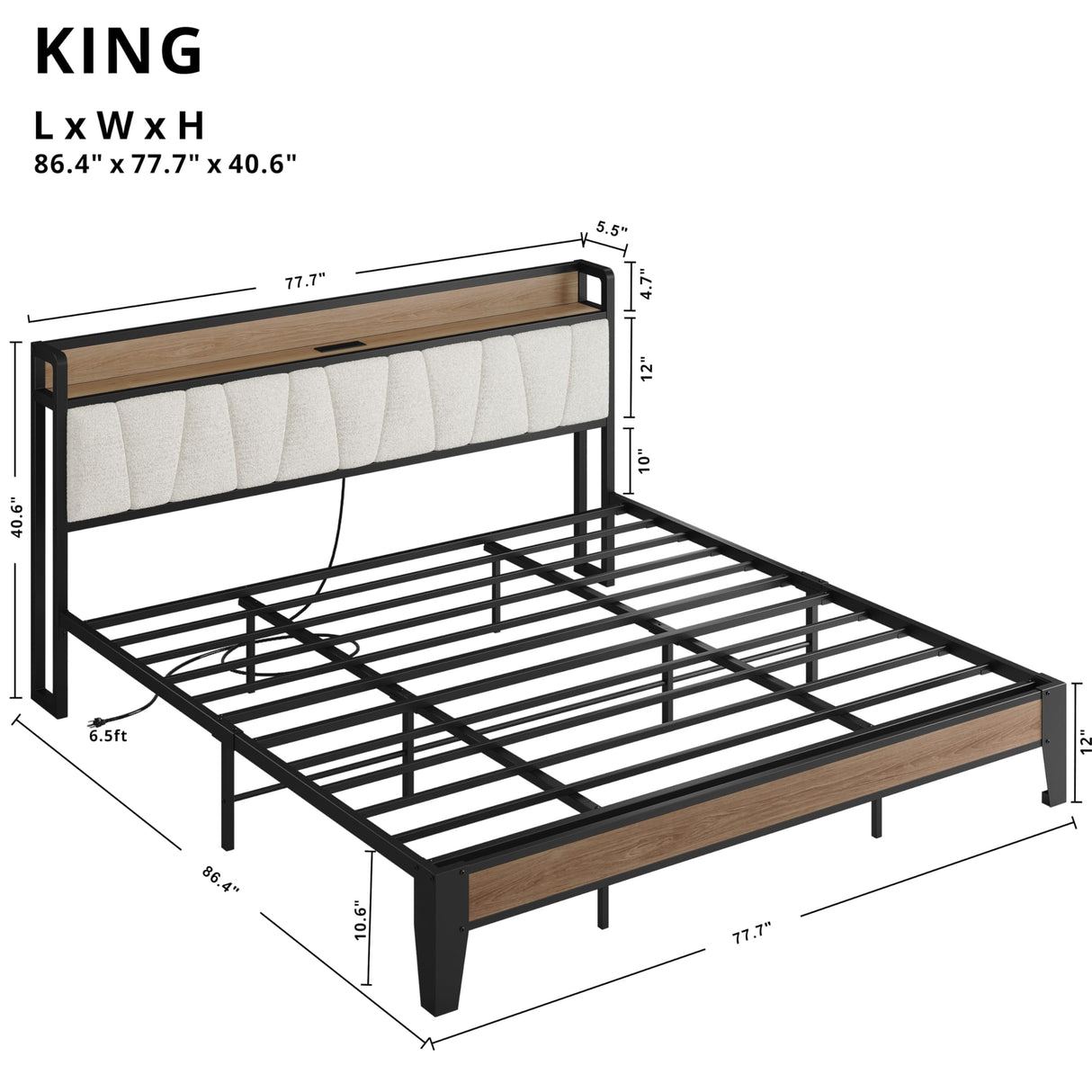 LIKIMIO King Bed Frames, Storage Headboard with Charging Station, Solid and Stable, Noise Free, No Box Spring Needed, Easy Assembly, Wood and Cream LIKIMIO