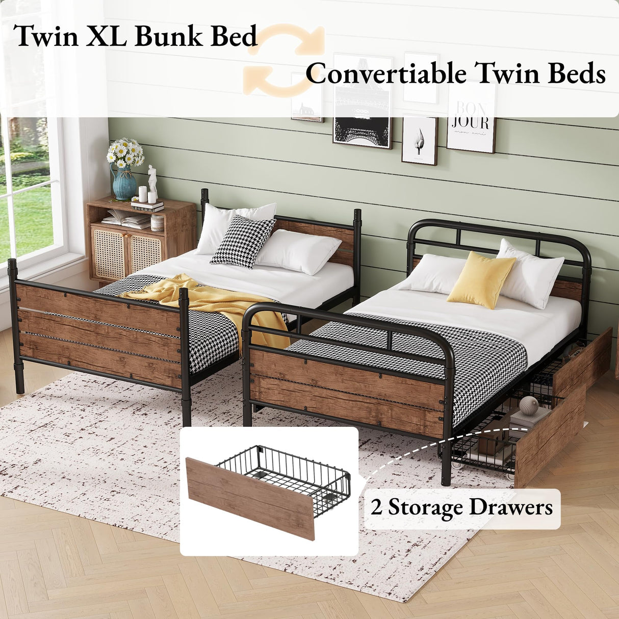 Twin Over XL Bunk Bed with LED Light USB Charging Station Detachable Metal Bunk Bed with 2 Storage Drawers Headboard Safety Guardrails Ladder Convertiable Twin Bed No Spring Box Needed Space Saving INTERHOMART