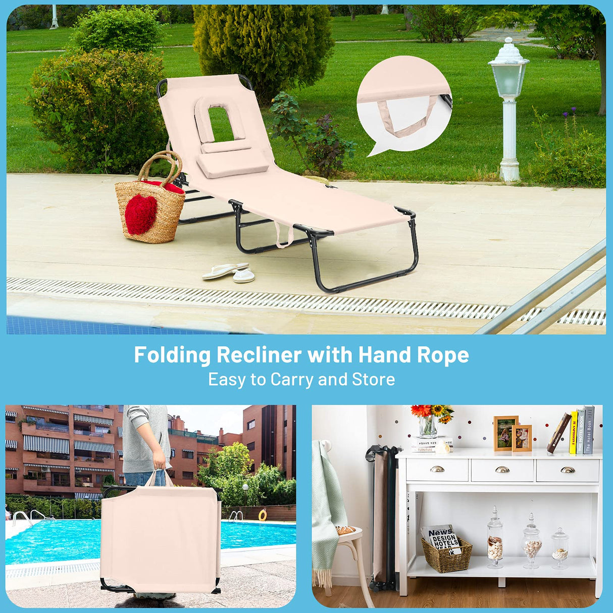 gotoplay Folding Beach Lounge Chair w/ 5 Adjutable Backrest & Padded Pillow, Sunbathing Lounger Chair, Sun Tanning Lay Flat Chair for Seaside Pool Deck, Max Load 330 LBS, No Assembly Required (Beige) gotoplay