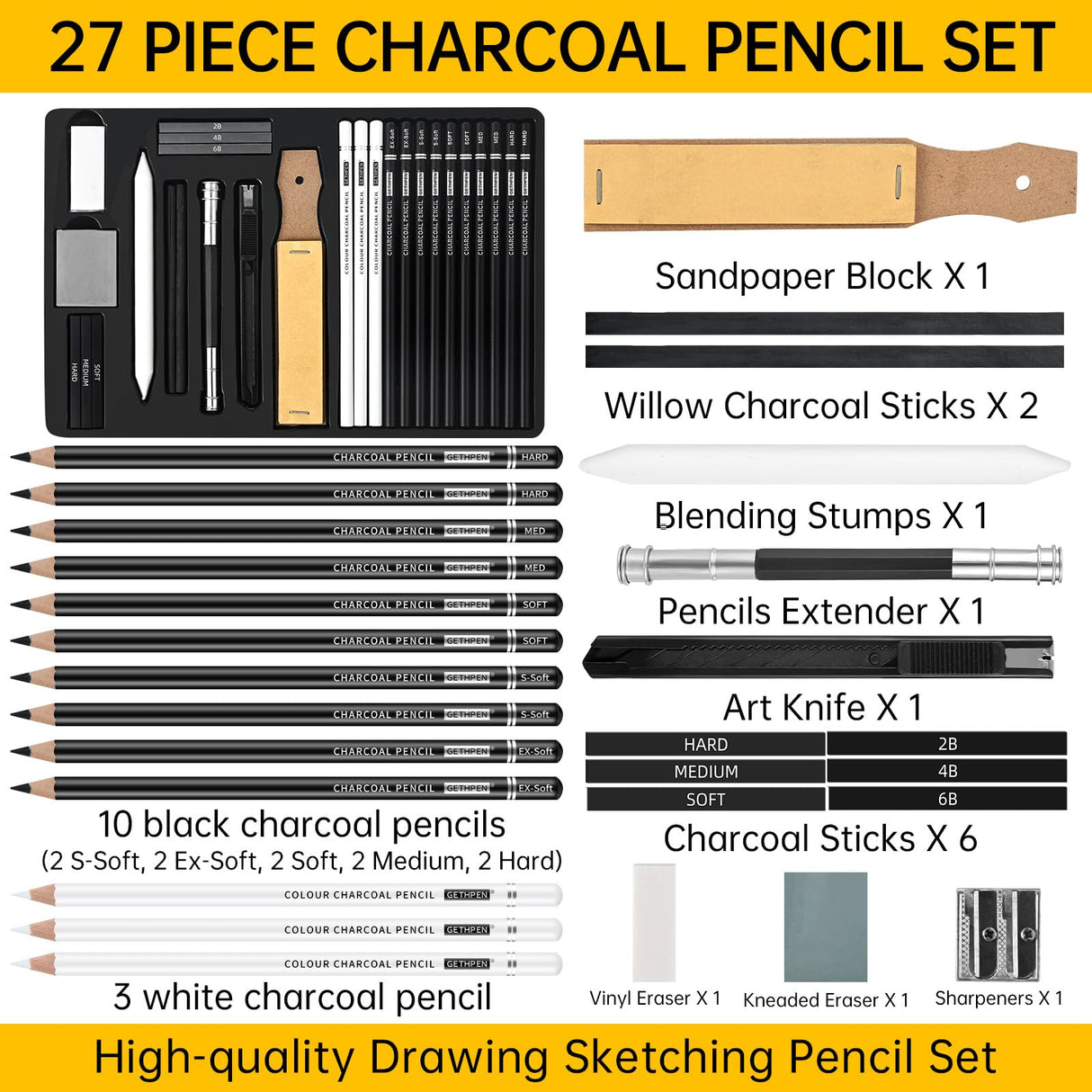 27 Piece Charcoal Drawing Set - Professional Black & White Charcoal Pencils for Sketching, Shading & Blending, Graphite Sticks with Artist Art Supplies Kit (Beginners & Professionals) GETHPEN