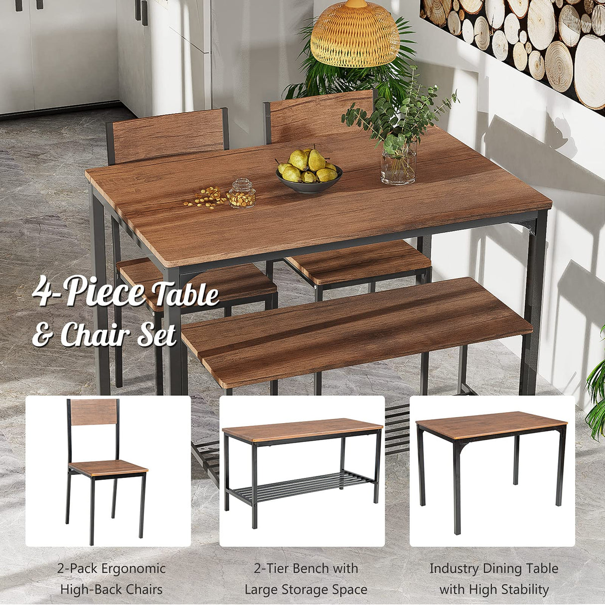 Giantex Dining Table Set for 4, 43" Kitchen Table and Chairs, Dining Bench with Metal Frame & Storage Rack, 4-Piece Modern Functional Desk Set for Dinette, Small Space, Apartment, Restaurant, Brown Giantex
