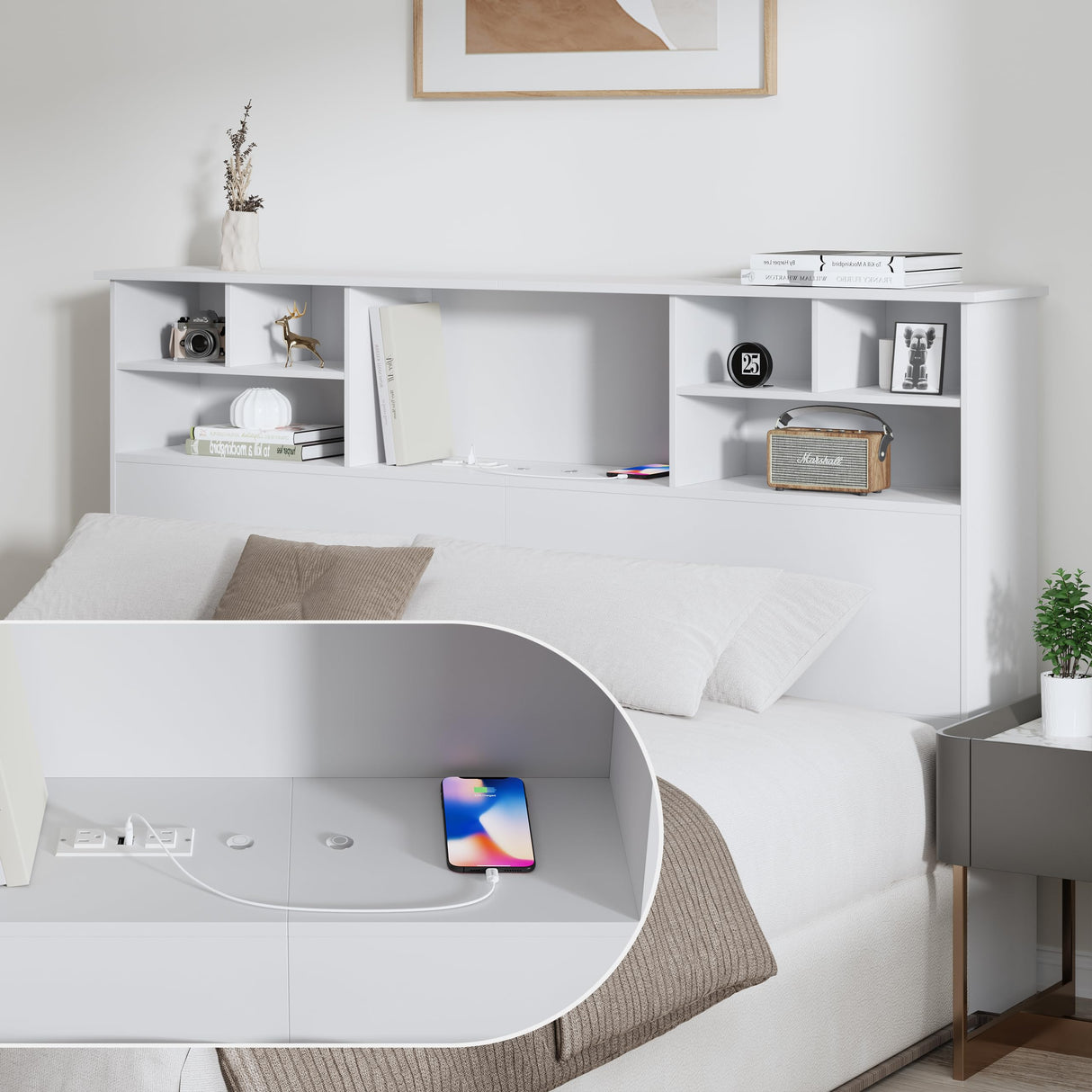 AYEASY Queen/Full Size Headboard Only for Bedroom, Wood Bookcase Headboard with Charging Station & 2 LED Lights, Stylish Queen Headboard for Queen Size Bed, Noise-free HeadBoard with Storage, White AYEASY