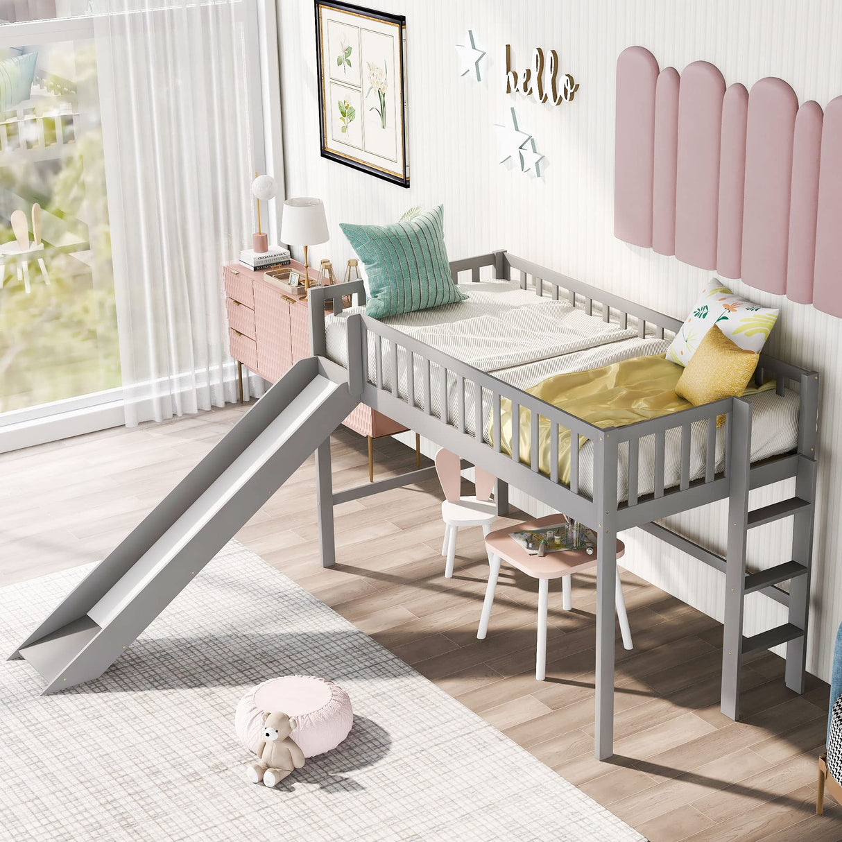 Bellemave Twin Size Loft Bed with Ladder & Slide, Toddler Loftbeds with Safety Rails,Wood Twin Low Loft Bed with Storage Space for Kids Toddler (Gray) Bellemave