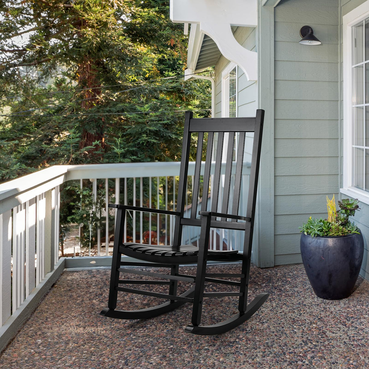 TLGREEN Outdoor Rocking Chair, Solid Wood Oversized Rocking Chair Outdoor with Wide Seat,All Weather Porch Patio Wooden Rocking Chair, Easy to Assemble for Indoor,Outdoor (Black) TLGREEN