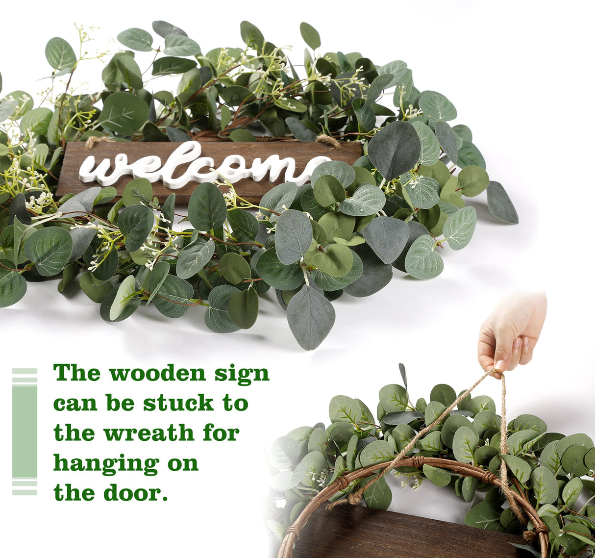 Sggvecsy Green Eucalyptus Leaf Wreath with Welcome Sign 20in Artificial Eucalyptus Wreath Spring Summer Wreath for Front Door Wall Window Farmhouse Festival Porch Patio Garden Decor Sggvecsy
