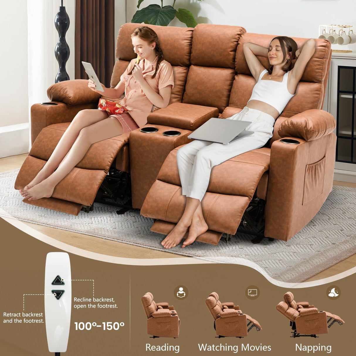 PALLOME Power Loveseat Recliner Sofa with Console, Loveseat Reclining Sofa with Heat & Massage, Home Theater Seating with Lumbar Pillow for Living Room, RV Recliner Loveseat(PU, Yellowish Brown) PALLOME