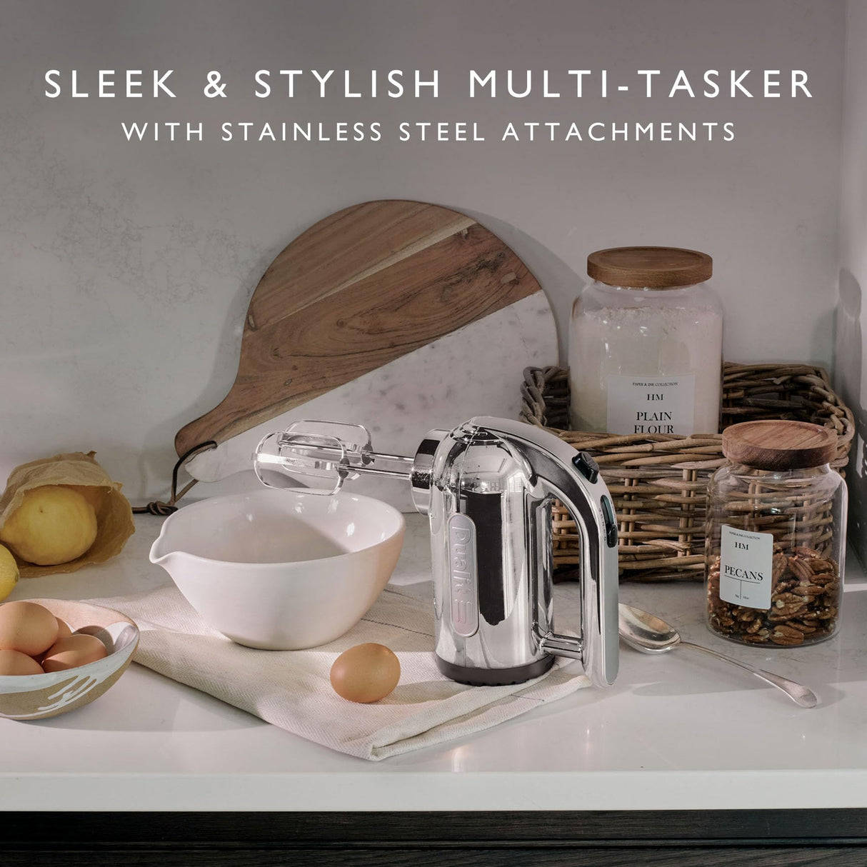 Dualit Hand Mixer - 400W - Strong Grip Handle - Attachments Included - Integral Plug Storage - 4 Speed Settings - Repairable gears - Flat Beaters, Dough Hooks, Balloon Whisk Dualit