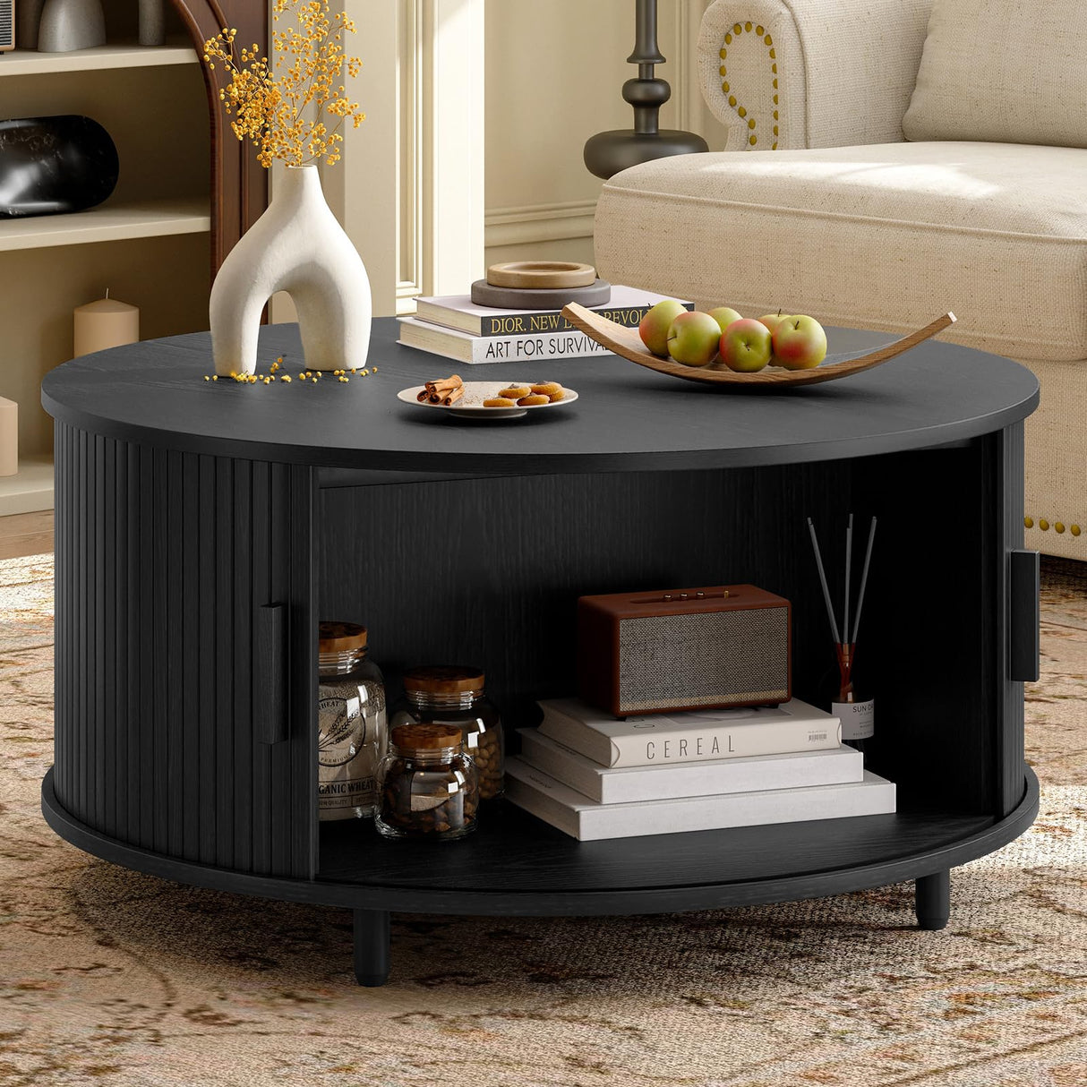 Lefurture 31.5 Inch Round Coffee Table, Mid-Century Modern Coffee Table wtih Storage, Accent Coffee Table with Adjustable Footpads, Center Table with Sliding Doors for Living Room (Black) Lefurture