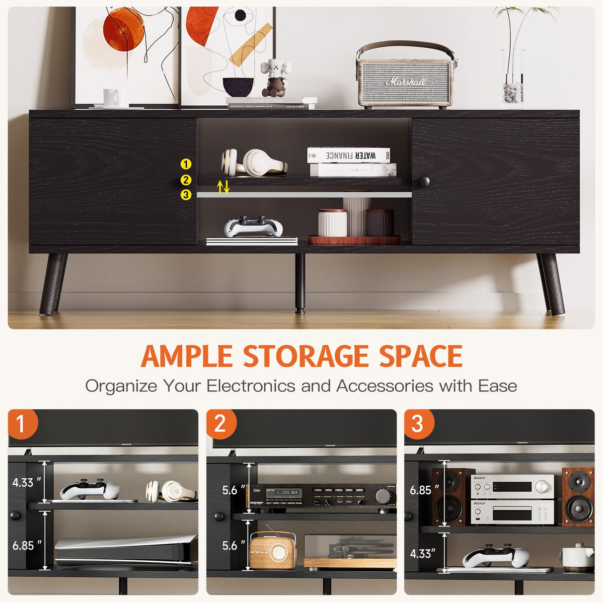 YSSOA TV Stand for 55 60 inch Living Room, 2 Cabinet Media Console Table, Entertainment Center with Storage, Soft Hinge Door with Handle, Wood Feet, Bedroom Furniture-Black YSSOA