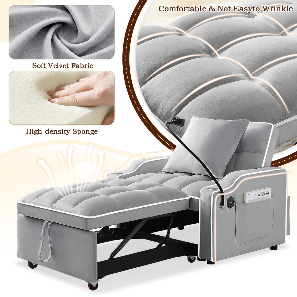 SLEERWAY 3-in-1 Convertible Futon Sofa Bed Chair, Multi-Functional Sleeper Chair Bed with Pull Out Couch and Adjustable Backrest, Modern Velvet Chaise Lounge Armchair for Living Room Bedroom, Grey SLEERWAY