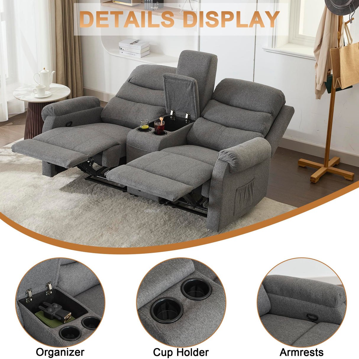 URRED Loveseat Recliner Sofa, Double Manual Recliner RV Sofa with Console, Linen Recliner Chair Home Theater Seating with Cup Holders/Lumbar Pillow/Hidden Storage for Living Room(Grey) URRED