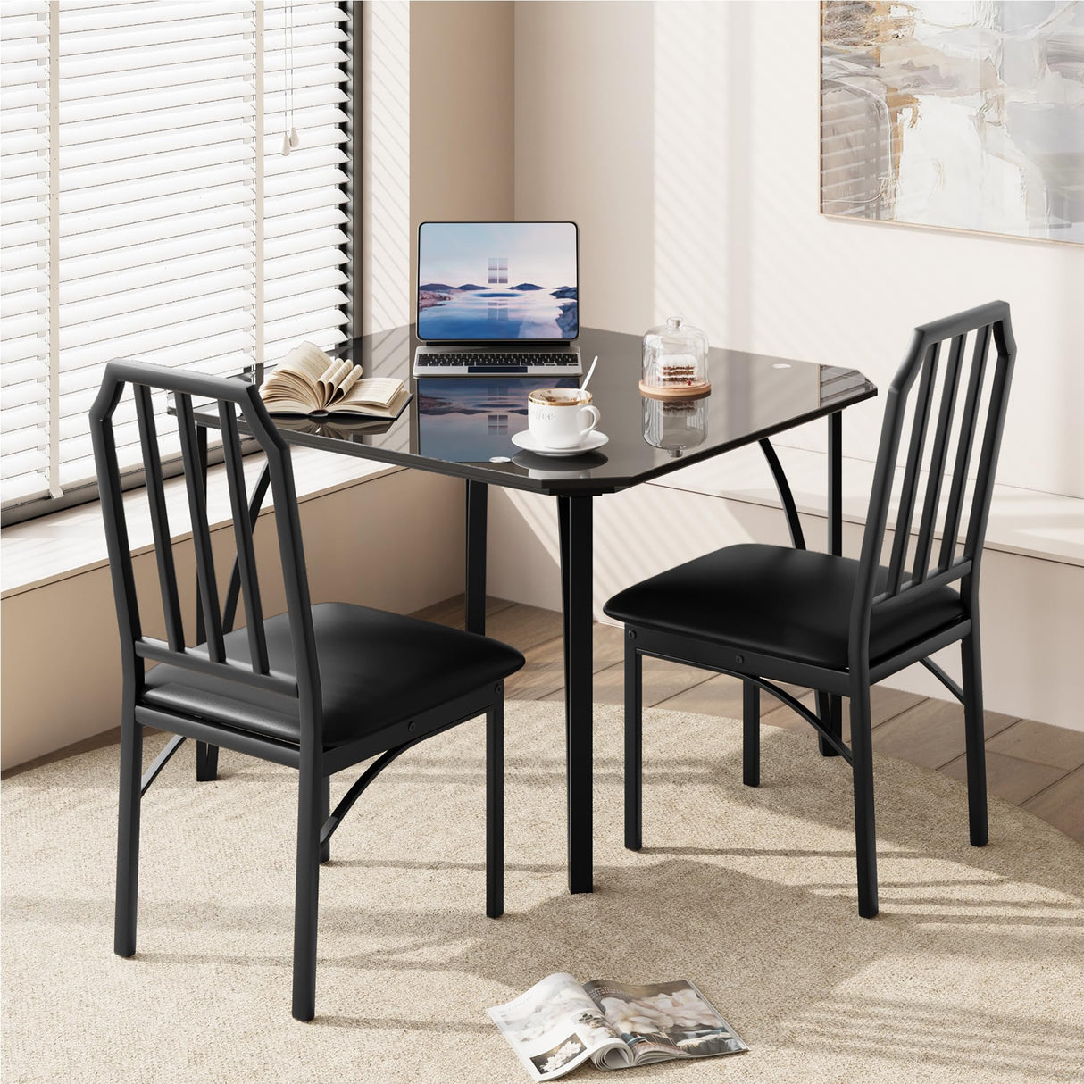 IDEALHOUSE Dining Table Set for 2, Kitchen Table Chairs Set of 2 with Ultra Comfortable PU Cushion, Dining Room Table Set for 2 Furniture with Kitchen Chairs Suitable for Small Space - Black Glass IDEALHOUSE