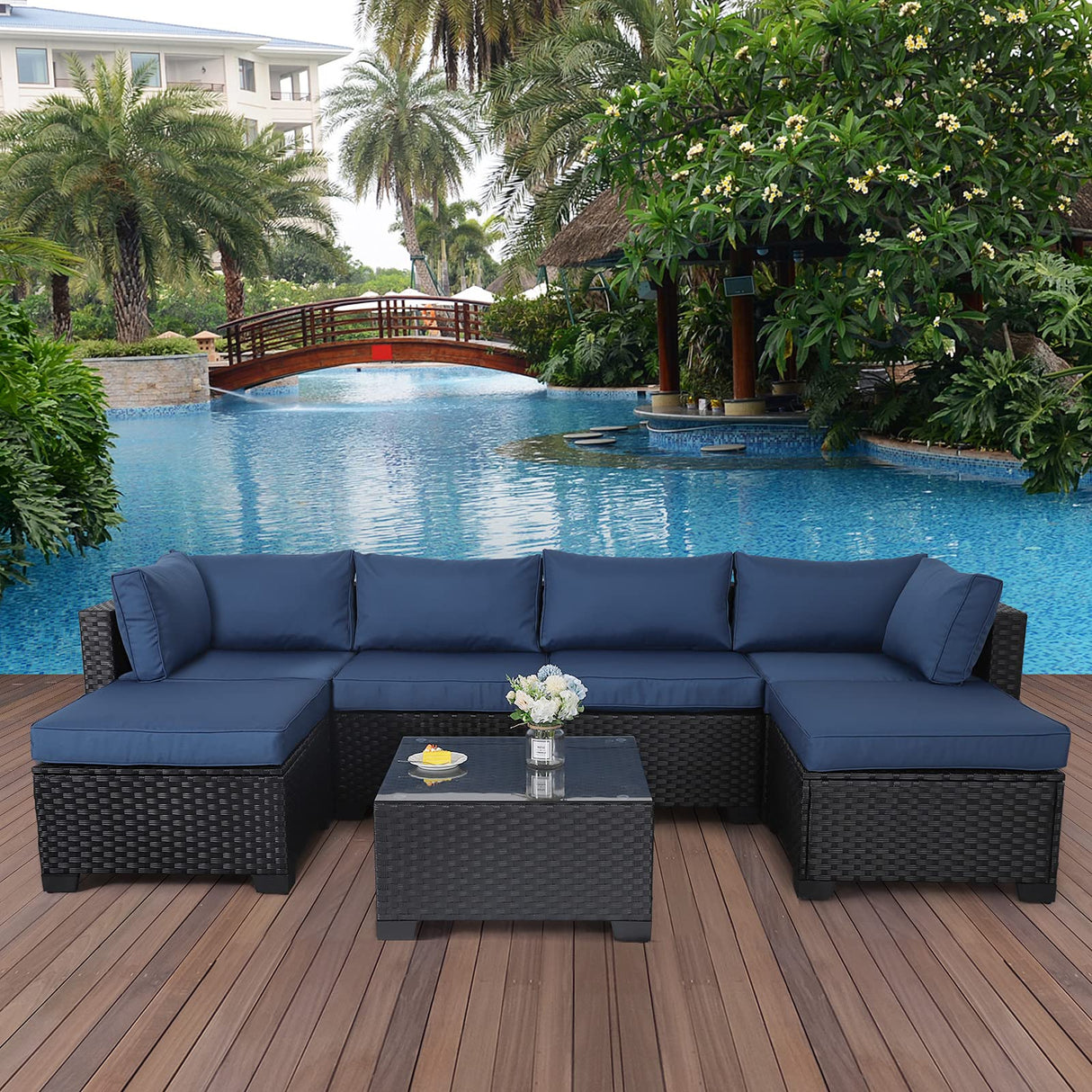 Lviden 7 Pieces Outdoor PE Wicker Furniture Set Patio Rattan Sectional Conversation Sofa Set with Navy Blue Cushions and Glass Top Table Lviden