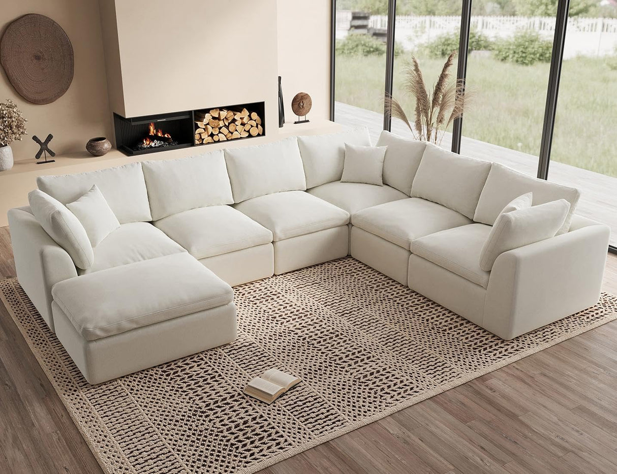 ohllob Oversized Cloud Couches for Living Room, Convertible Sectional Couch with Ottoman, 7 Seater Large Modular Sectional Sofa, Warm White ohllob