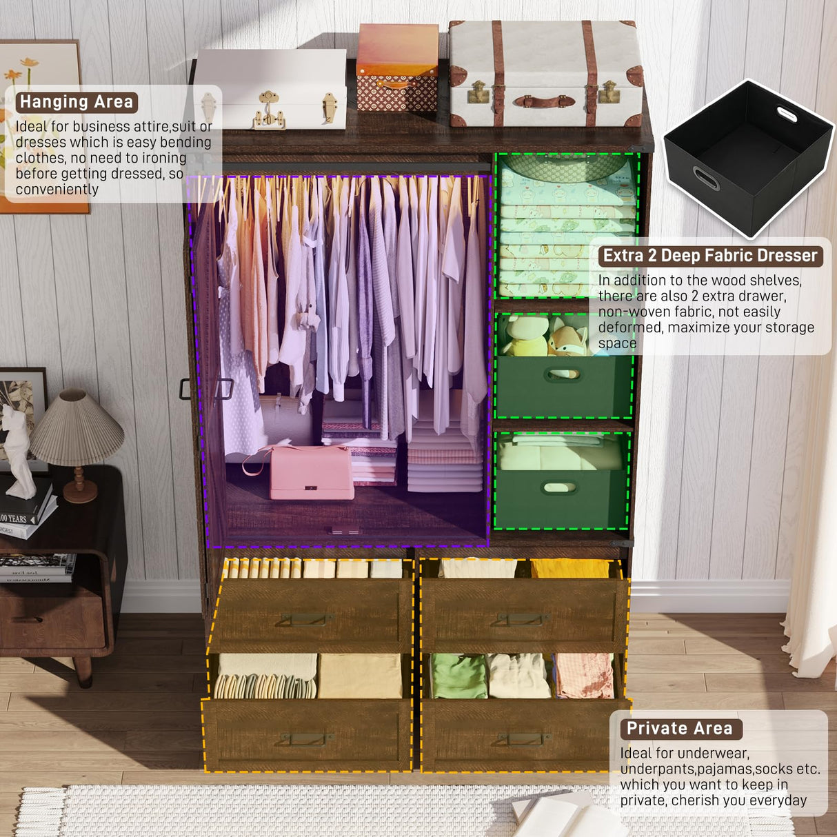 Farmhouse 3 Doors Armoire Wardrobe Closet w/Folding Sliding Barn Door and Lights, LED Armoire Closet w/Drawers for Bedroom, Freestanding Wooden Wardrobe Storage Closets w/Hanging Rod,Rustic Brown jiteentarou