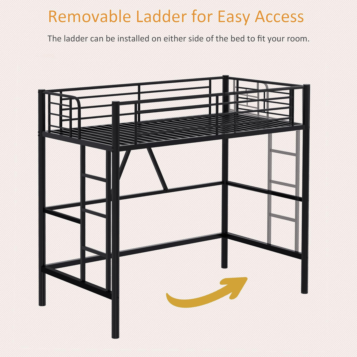 VECELO Twin Size Loft Bed with Full-Length Guardrails and Removable Ladder, Heavy-Duty Metal Frame, Space-Saving Design & Noise-Free, Black VECELO