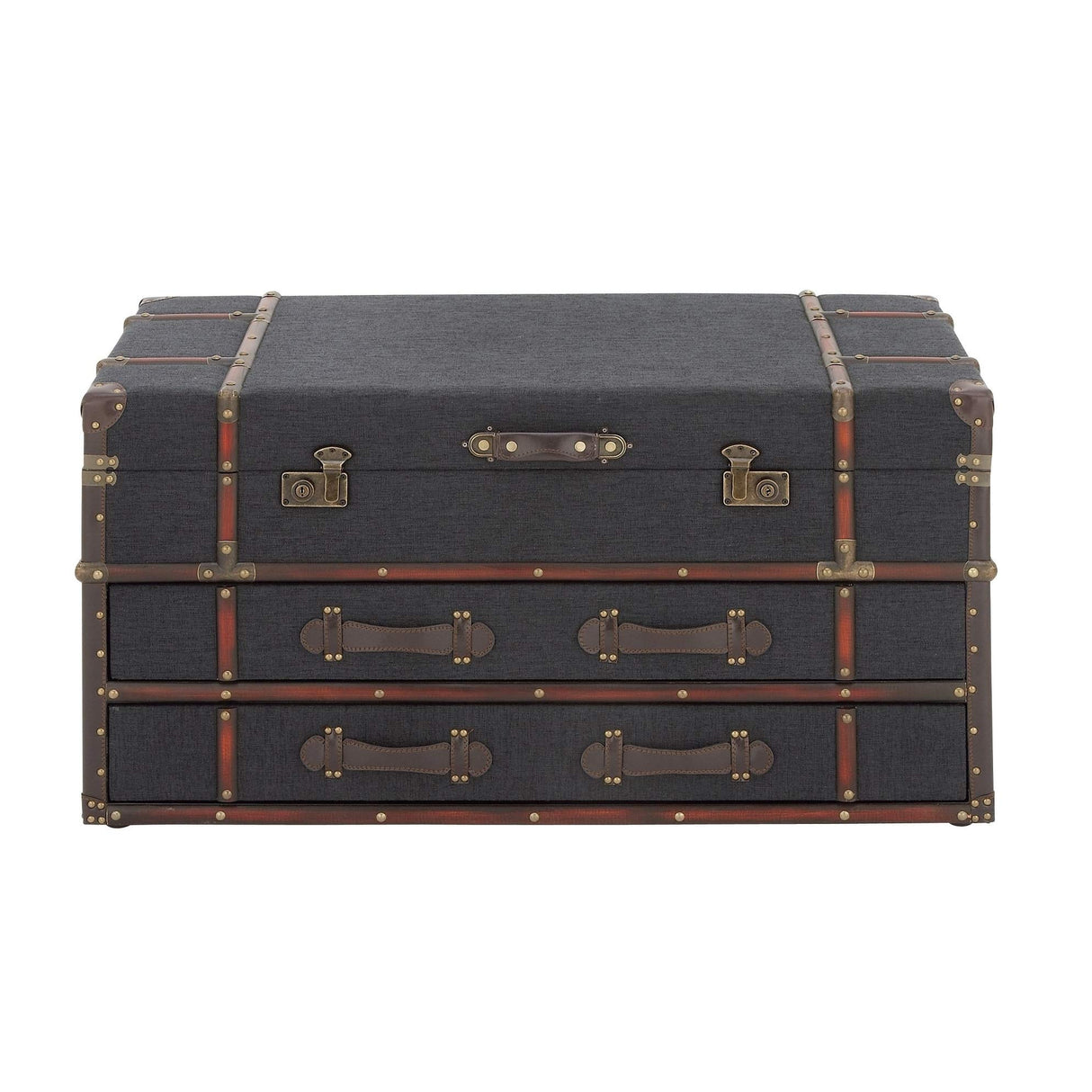 Traditional 21 X 40 Inch Wooden Trunk Style Coffee Table by Blue Rectangle Faux Leather Wood Finish WoodArtSupply