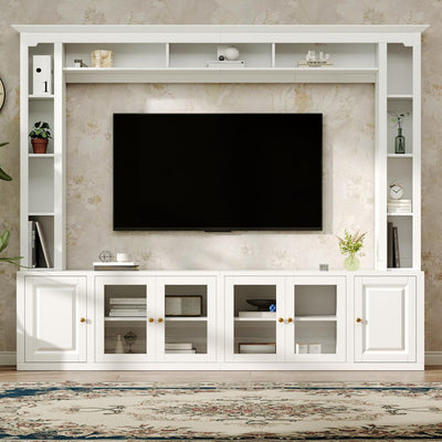SOFTSEA 4-Piece Entertainment Center Wall Unit for TVs Up to 80", 92" Modern TV Stand with Bookshelves & Tempered Glass Doors, Large Media Console with Adjustable Shelves for Living Room, White