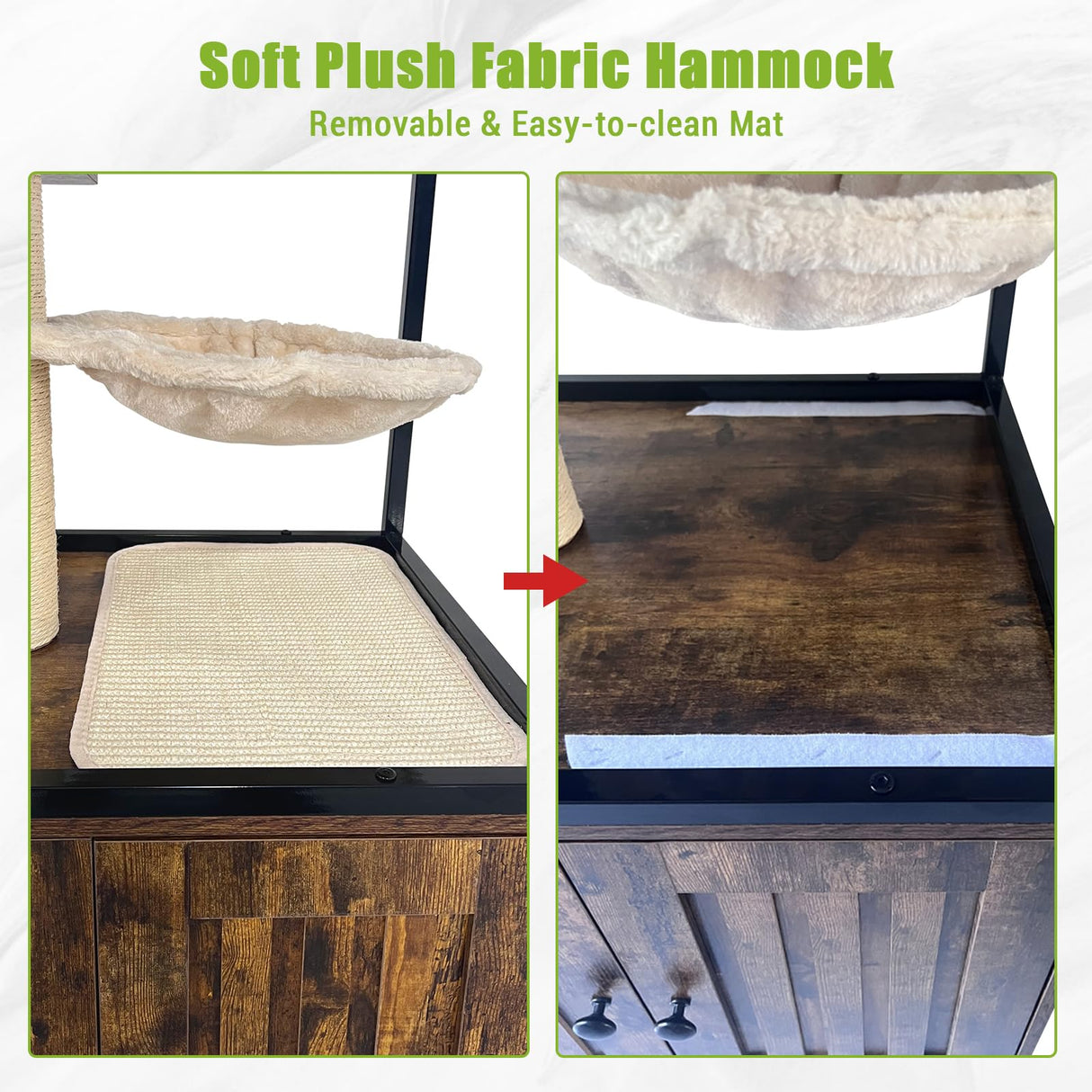 Cat Tree with Litter Box Enclosure 57.5''H Wooden Cat Tower Cabinet with Wheels Dog Proof Corner Hidden Litter Box with Condo, Hammock and Scratching Post Retro Brown GarveeHome