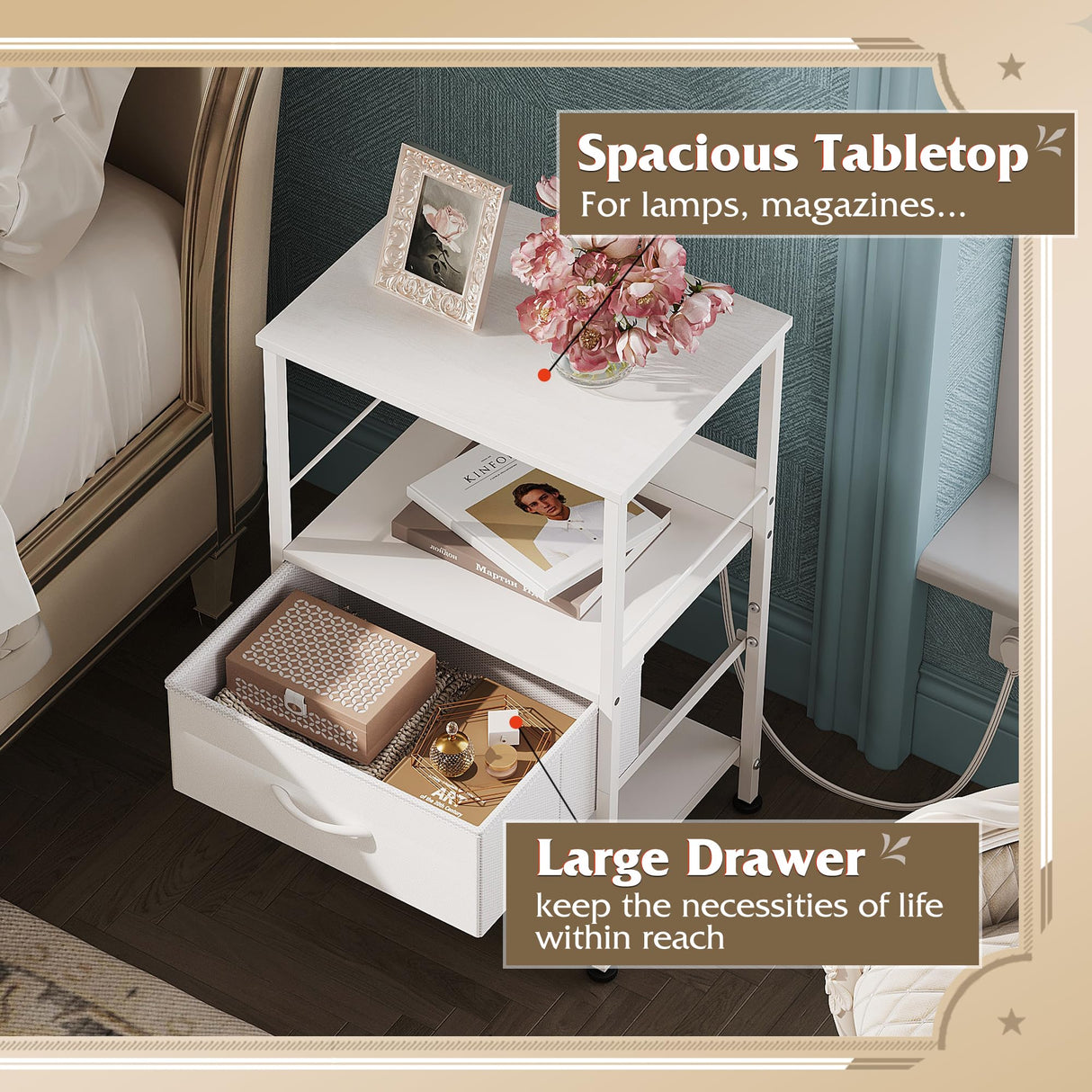 WLIVE White Night Stand with Charging Station, LED Nightstand with Adjustable Fabric Drawer, 3-Tier Storage Bedside Table, Small End Side Tables for Bedroom WLIVE