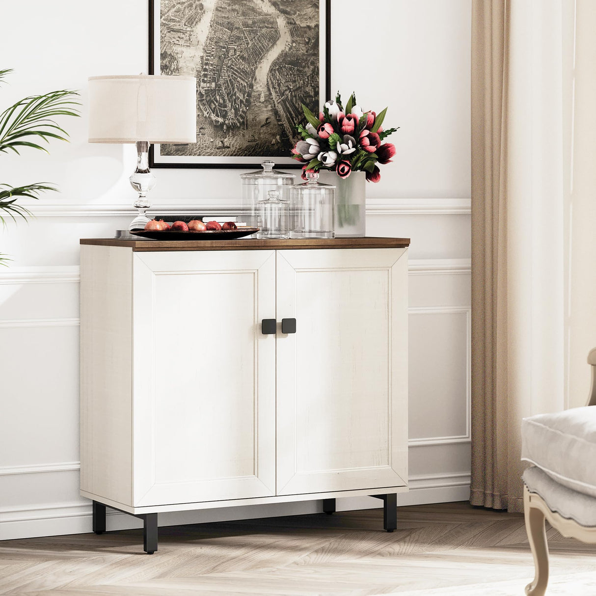 FENSULN Buffet Sideboard Cabinet Farmhouse Modern Storage Cabinet with Adjustable Shelves for Kitchen, Coffee Bar, Living Room, White FENSULN