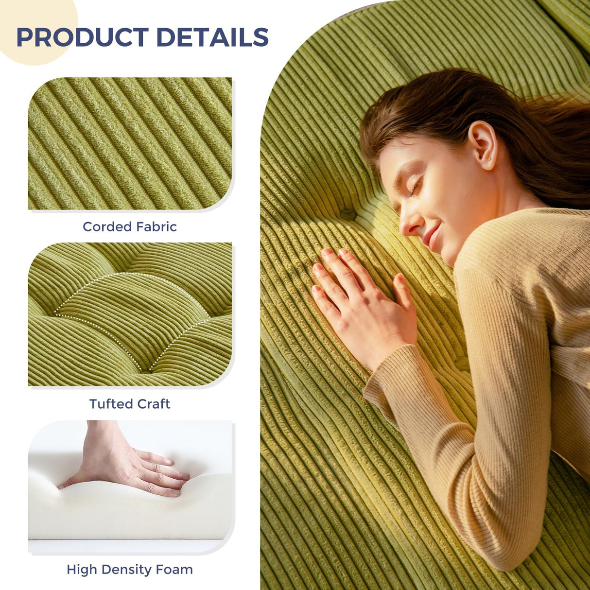 MAXYOYO Tri-Fold Mattress, 6 Inch Tufted Folding Mattress Full Foam Bed, Foldable Floor Couch Guest Bed Topper Portable Camping Sleeper with Corded Fabric, Green, 53"x75" MAXYOYO