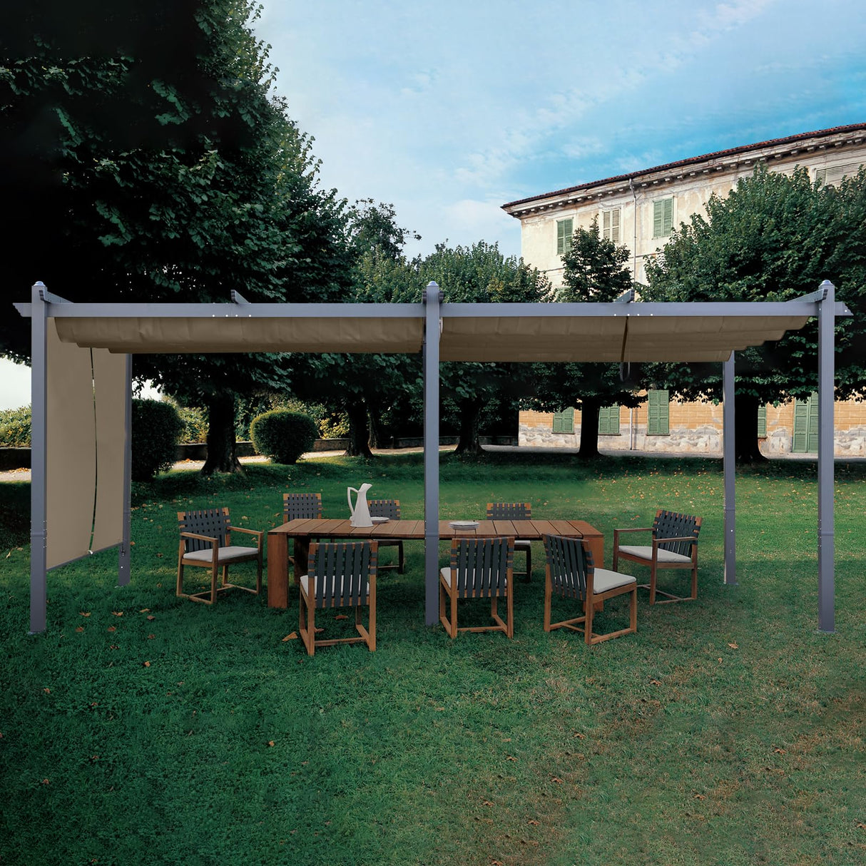 BPS 12' x 20' Outdoor Pergola with Retractable Shade Canopy, Dark Gray Matte Aluminum Frame, 2 Pieces Roller Shade Curtain, Grape Trellis Pergola for Patio Backyard and Deck - Khaki BPS