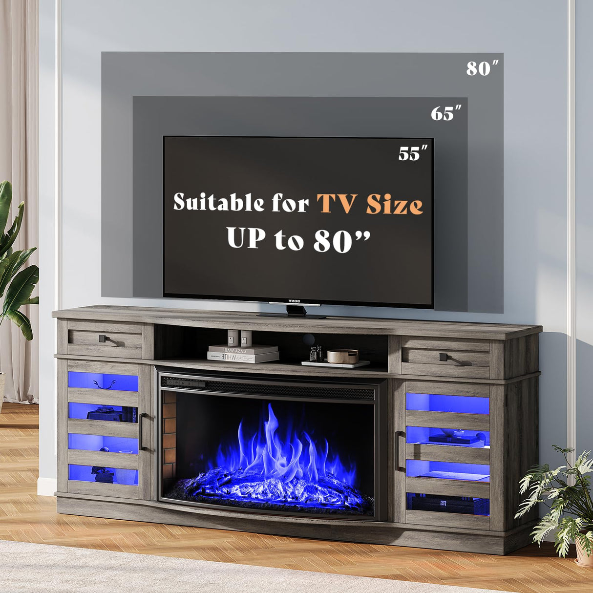 AMERLIFE 70" Curved Fireplace TV Stands with 36'' Electric Fireplace, Farmhouse LED Entertainment Center for TVs up to 80'' with Glass Door & Adjustable Shelves, Wash Gray AMERLIFE