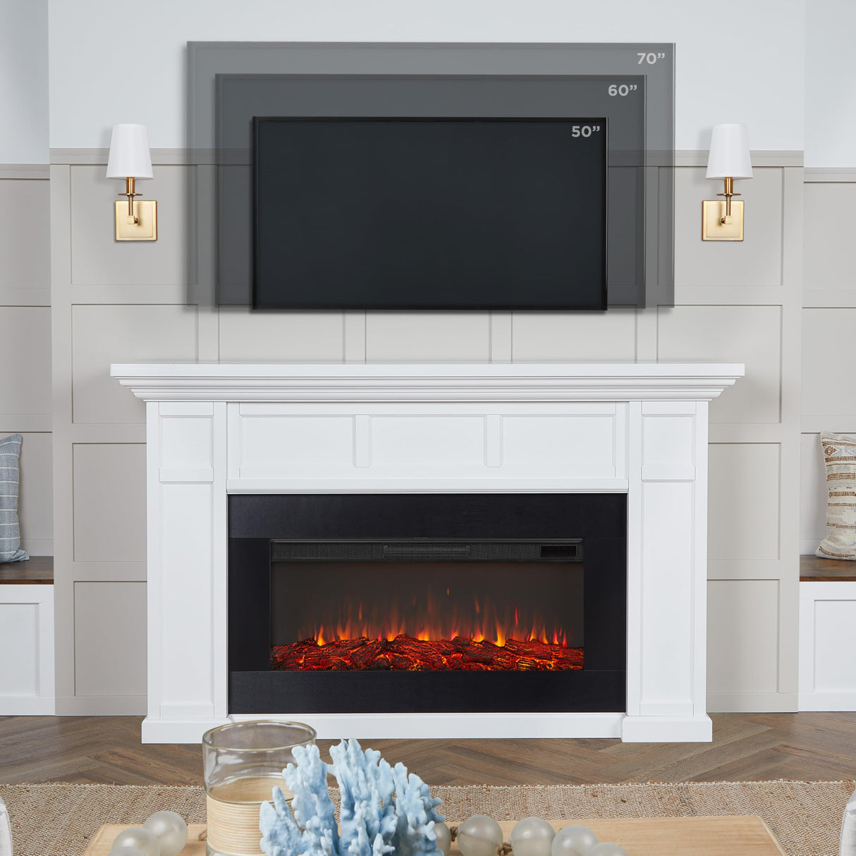 Real Flame Alcott 75” Electric Fireplace with Mantel for Living Room or Bedroom, Replaceable Fireplace Insert Heater, Realistic Log and Flame Effect, Remote Control, Timer Real Flame