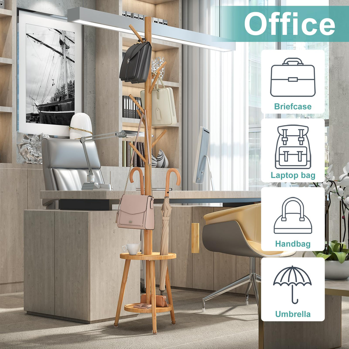 Coat Rack, Bamboo Wood Coat Freestanding with Umbrella Holder, Adjustable Height Coat Stand with 8 Hooks, kids coat rack, Used In The Bedroom Living Room, Office To Hang Clothes, Hats, Bags (Natural) Vriccc