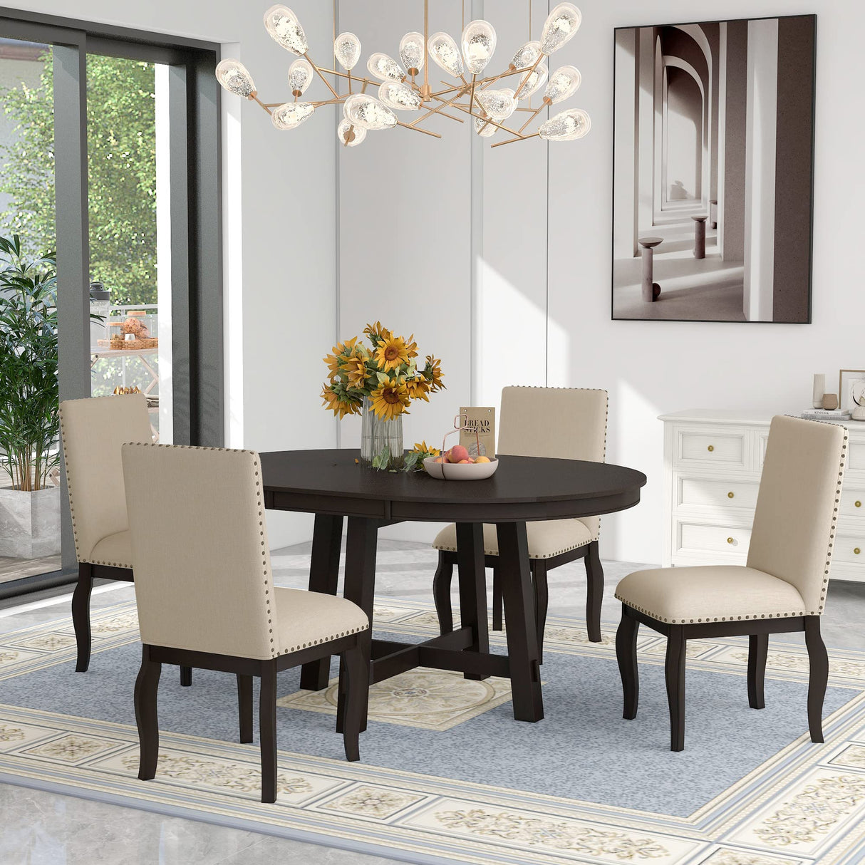 Harper & Bright Designs Round Kitchen Dining Table Set for 4, 5 Piece Farmhouse Wood Round Extendable Dining Table & 4 Upholstered Dining Chairs, Espresso (ST000074AAP-MZJ) Harper & Bright Designs