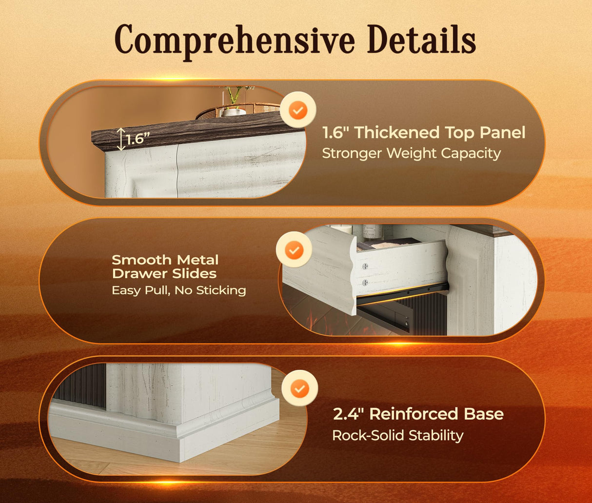 PRAISUN 70'' Fireplace TV Stand with 42'' Electric Fireplace, Farmhouse TV Stand for 65 75 Inch TV, Entertainment Center TV Console with 3 Drawers, Fluted Design, for Living Room, Distressed White PRAISUN