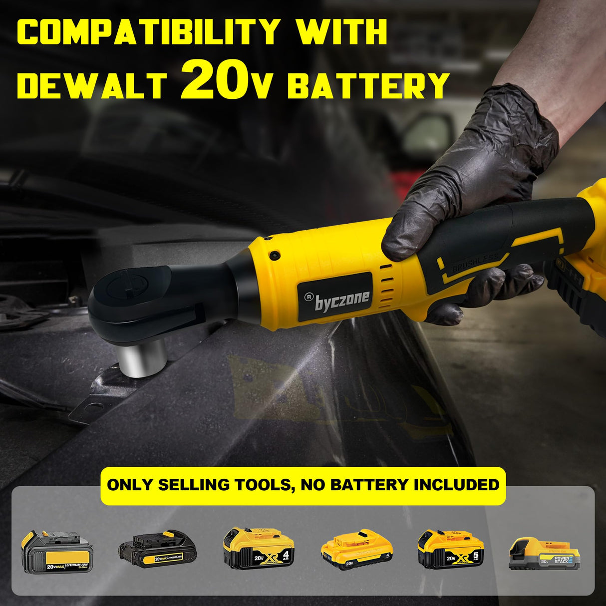 3/8" Brushless Ratchet Wrench Compatible with DEWALT 20V Battery, 74Ft-Lbs Electric Cordless Ratchet, Square Drive Wrench with Variable Speed, 1/4" Adapter, 3" Extension Bar & 7 Sockets (Tool Only) byczone