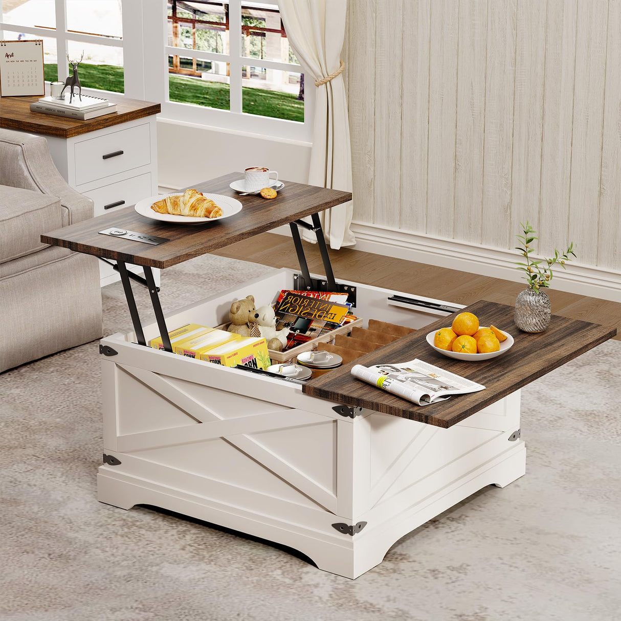 BROTTAR Lift Top Coffee Table with Storage, Square Coffee Table for Living Room with Wireless Charging, Farmhouse Coffee Table with Large Hidden Storage, White, 31.5" BROTTAR