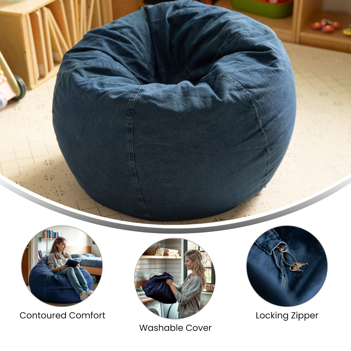 Flash Furniture Dillon Small Bean Bag Chair for Kids and Teens, Foam-Filled Beanbag Chair with Machine Washable Cover, Denim Flash Furniture