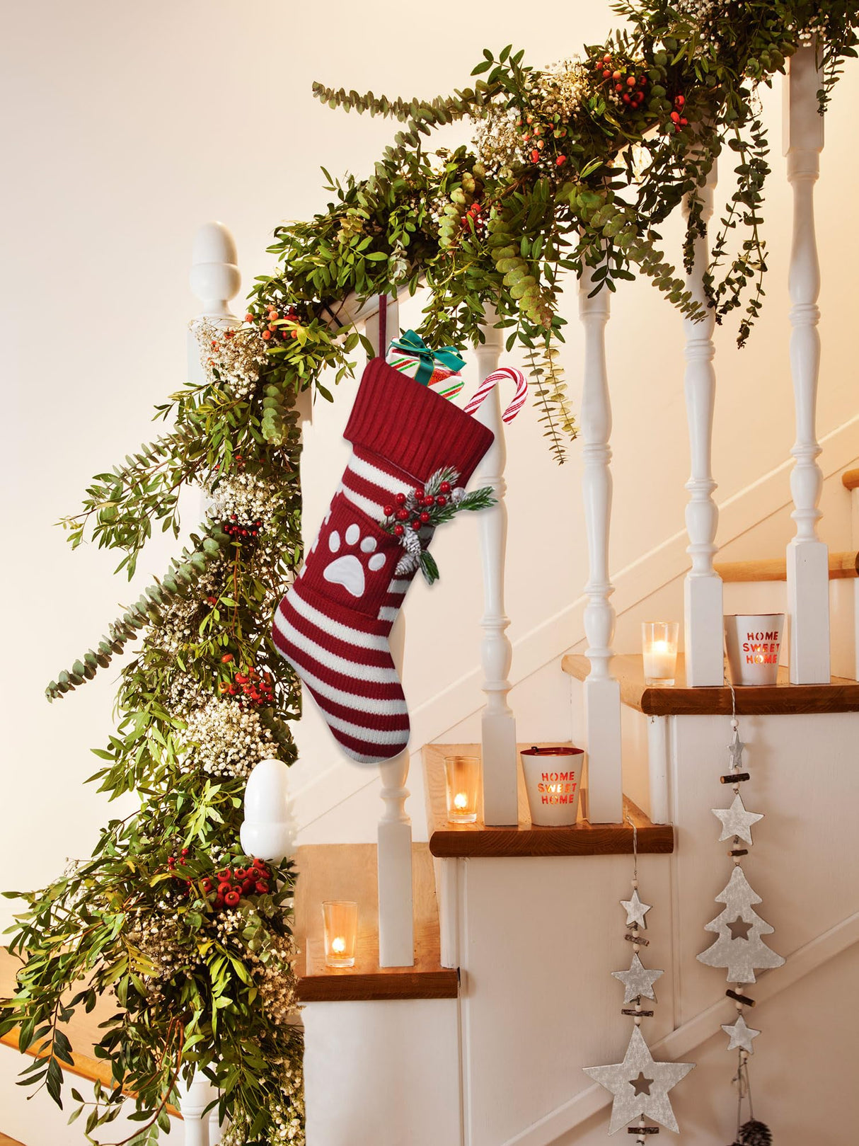 Estivaux Large Christmas Stockings Xmas Fireplace Hanging Stockings Burgundy Red Knit Stocking White Stripes Stockings Gift Holding Bag for Home Christmas Decorations Party Favor Supplies Estivaux