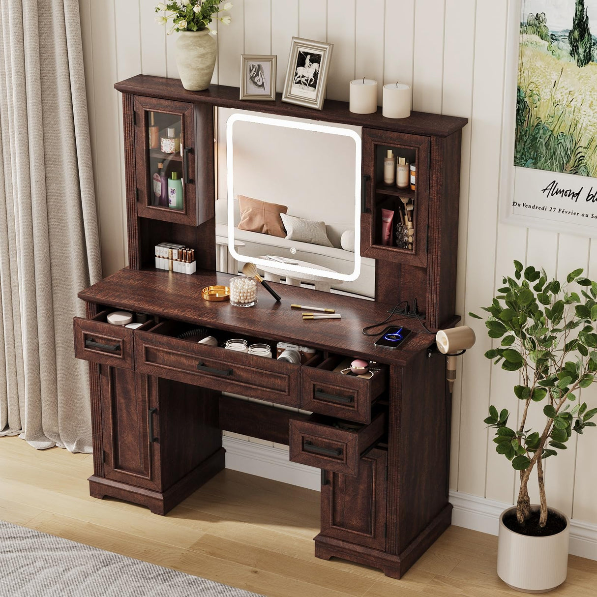 Maupvit Farmhouse Vanity Desk with Mirror and Lights, Makeup Vanity Table with Charging Station, 45" Bedroom Table with 4 Drawers and Cabinets, 3 Lighting Modes, Brown Maupvit