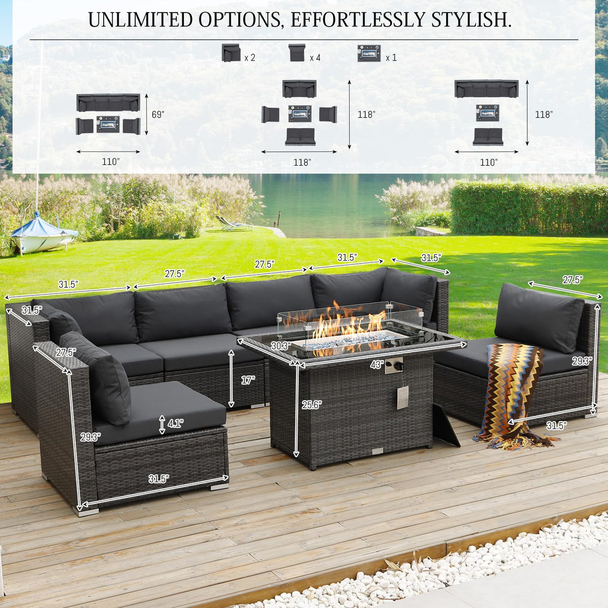 BULEXYARD 7 Piece High Back Outdoor Furniture Set with Fire Pit, Contemporary All Weather Wicker Patio Couch Sofa Set, Extra Large Modular 6-Seater Sectional Backyard Seating Wide Deep for Lawn, Grey BULEXYARD