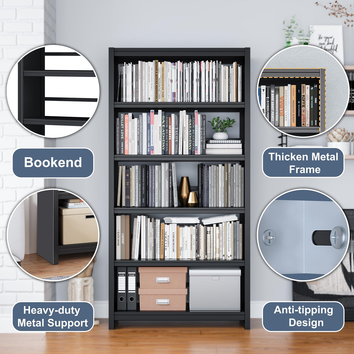 LyAosdFu Bookshelf, 5 Shelf Bookcases, Tall Bookcase for Heavy Books, CDs, Movies, Garage Kit, Modern Display Shelf for Library Home Office Bderoom Living Room, Metal Bookshelves Industrial Black LyAosdFu